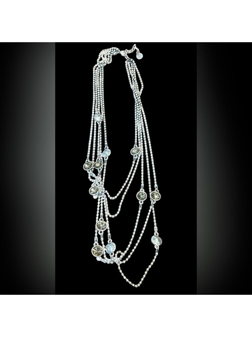 Sweet Lola 5 Strand Beaded Chain Faceted Rhinestone Statement Necklace Silver
